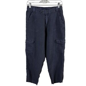 Rachel Roy Cropped Linen Cargo Pants Women's M Navy Blue Elastic Waist Coastal